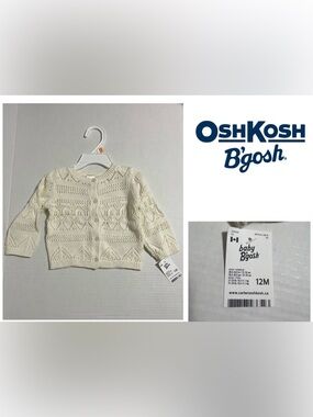 🆕OSHKOSH - 12M - NWT - INFANT GIRLS CREAM WHITE KNIT CARDIGAN SWEATER